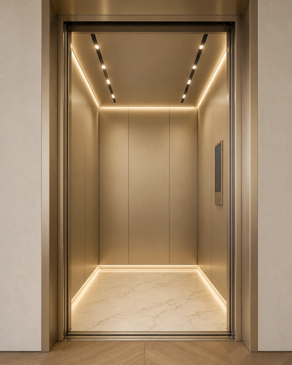 ALTO Air cabin interior in champagne stainless steel with marble flooring