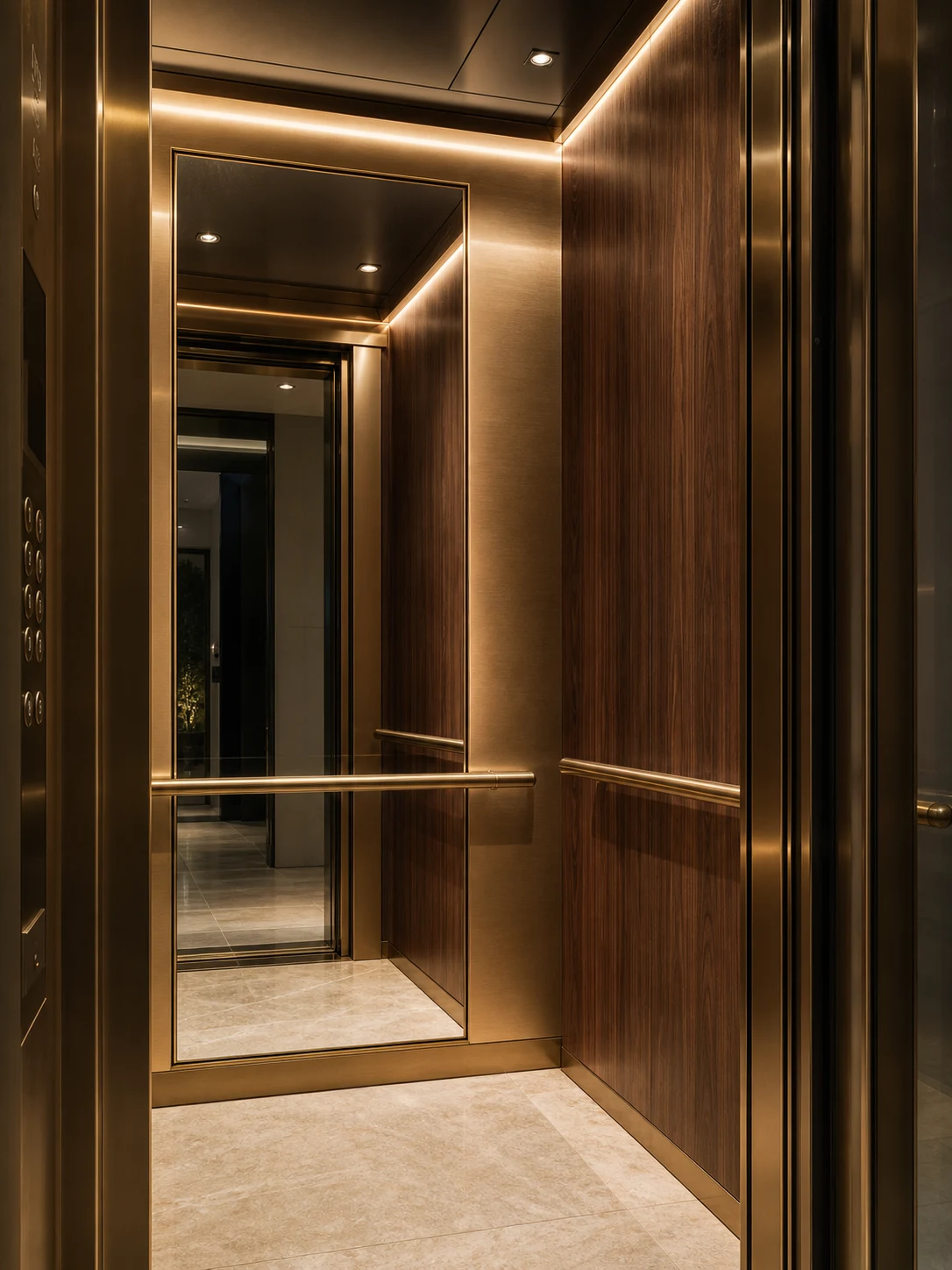 Luxury elevator cabin interior with walnut panels, mirror and brass rails