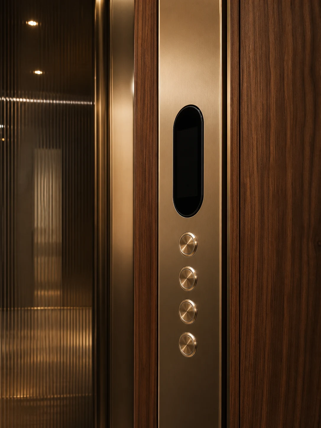 Close-up of a brushed brass elevator control panel set into walnut cladding