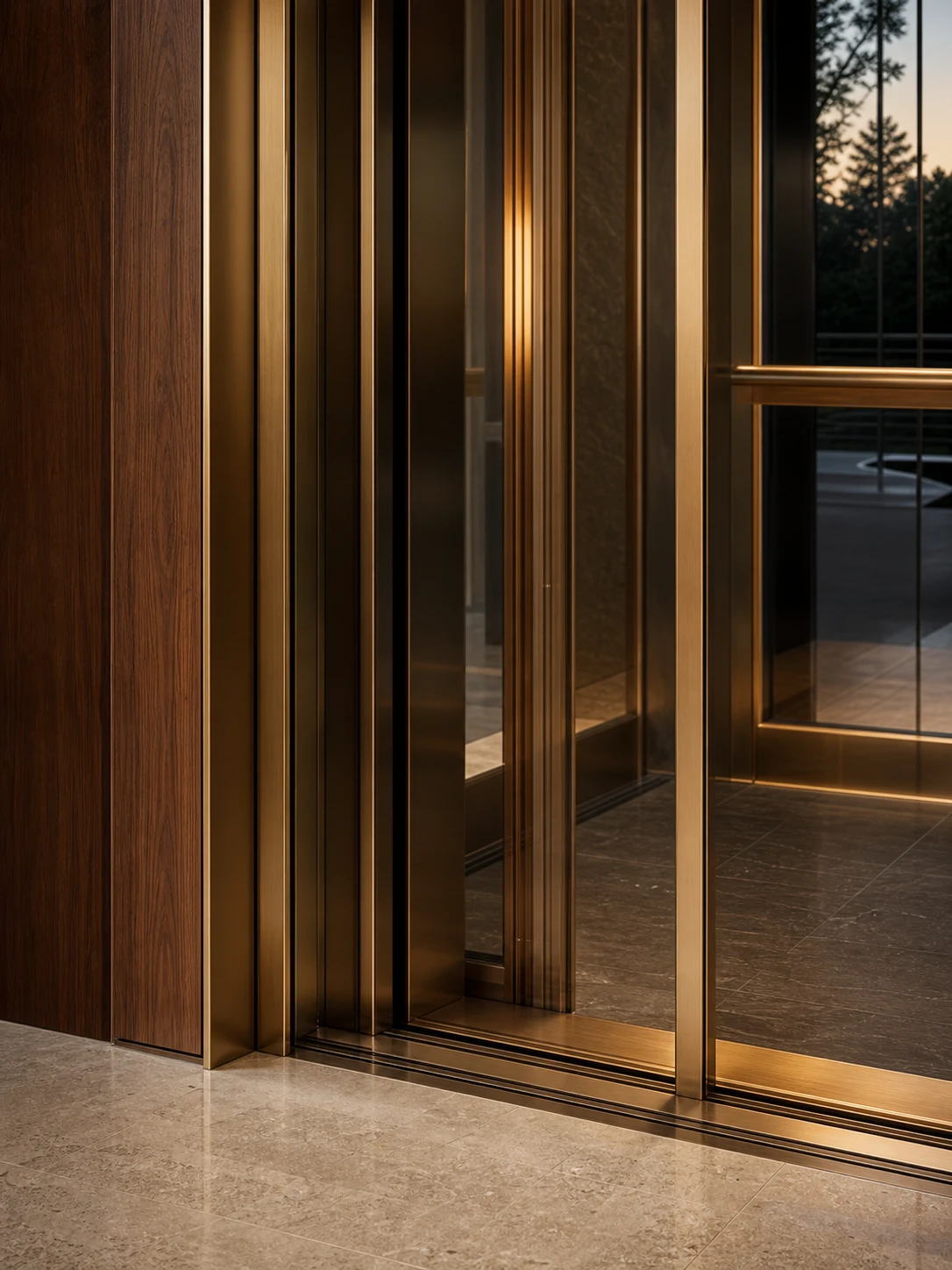 Premium glass and bronze elevator door system with a refined threshold detail