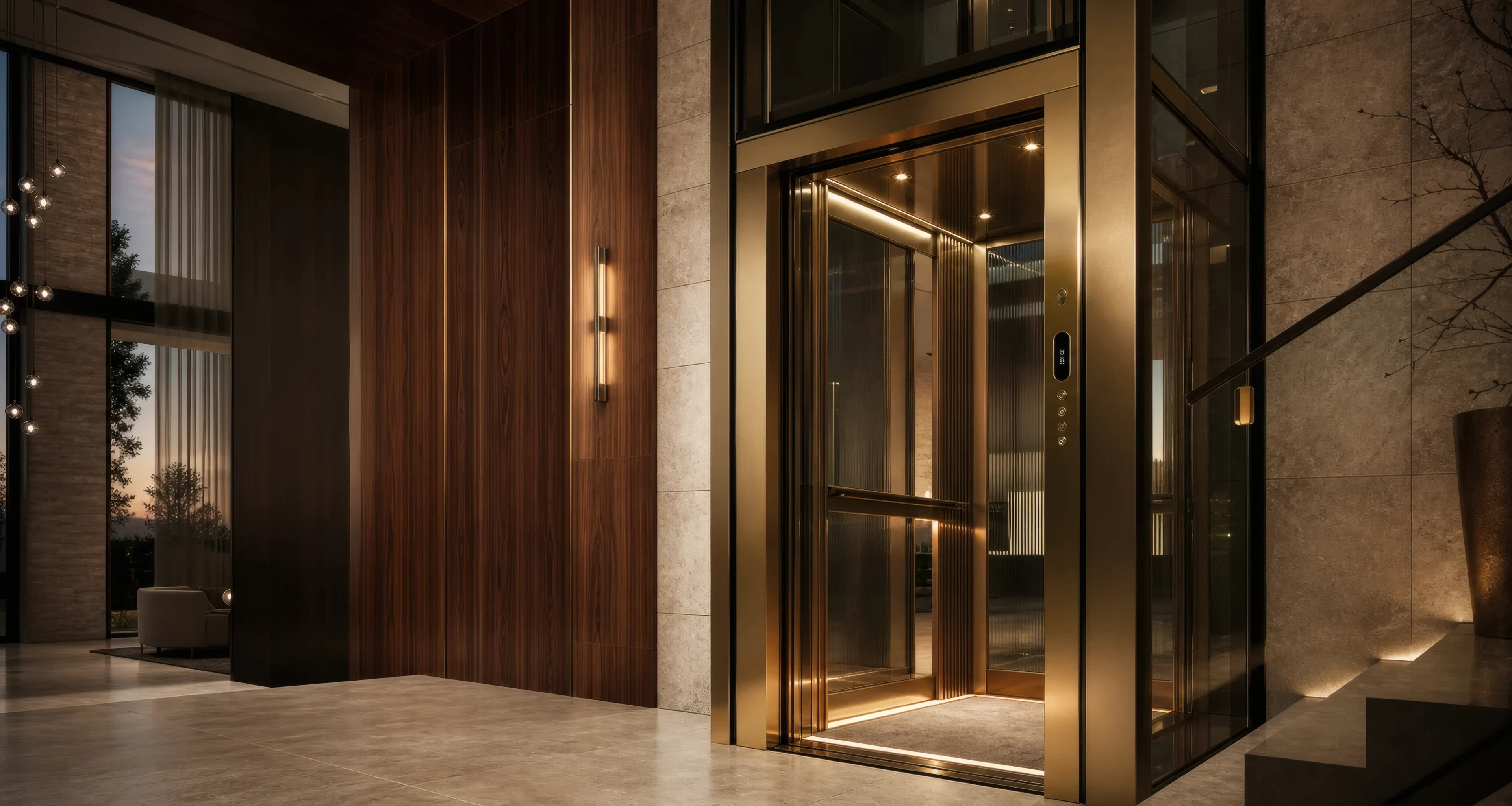Luxury residential elevator integrated into a contemporary stone and walnut home