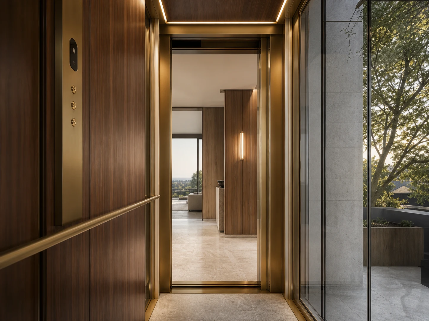 Luxury residential elevator interior with walnut, brass and glass finishes